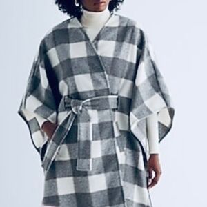 Faux Wool Plaid Belted Cape Coat